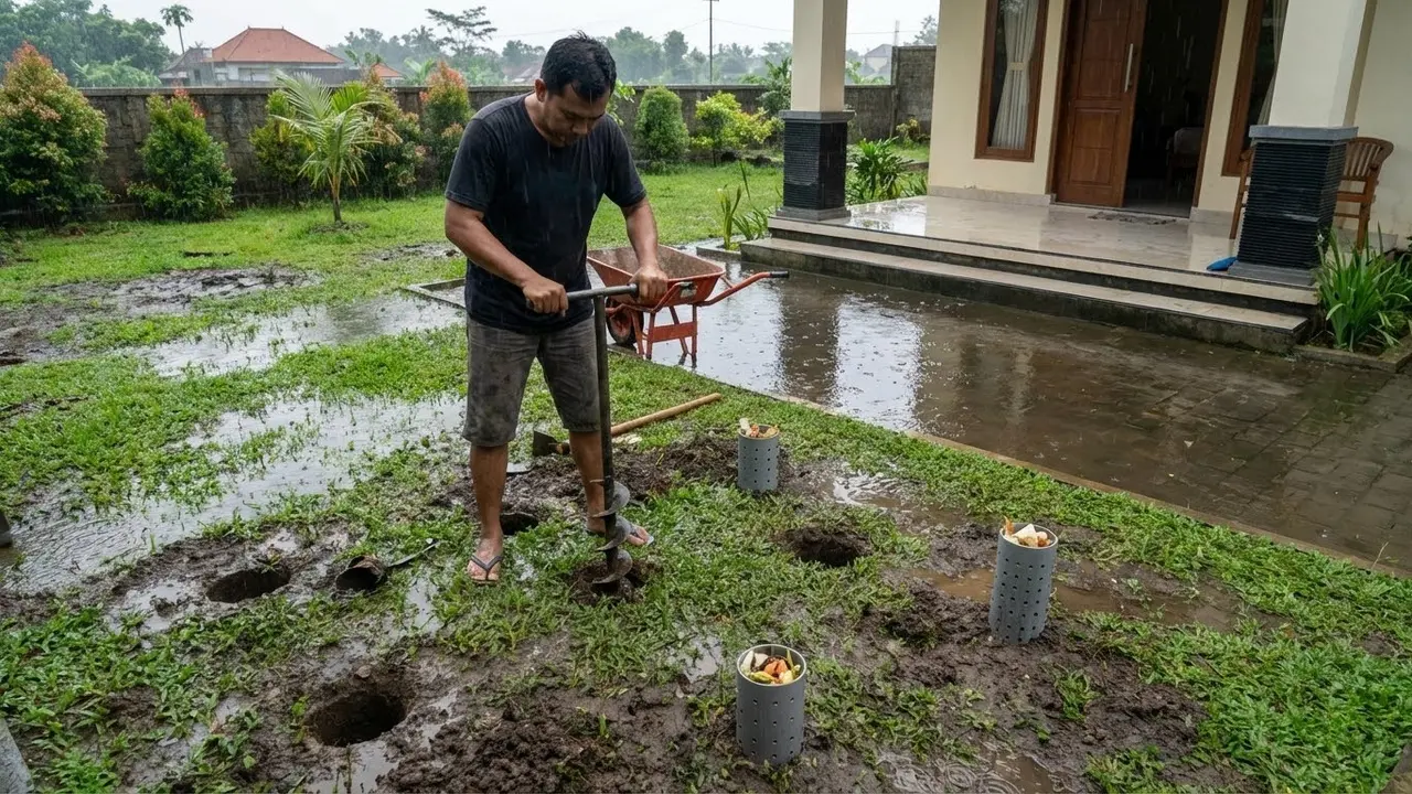 Ilustrasi Pembuatan Lubang Biopori, Solusi Teras Rumah Becek Saat Musim Hujan/Gemini AI