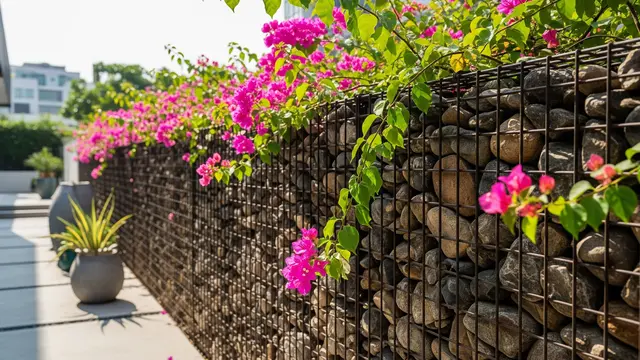 Pagar Gabion dengan Tanaman Bunga Kertas (Bougainvillea)