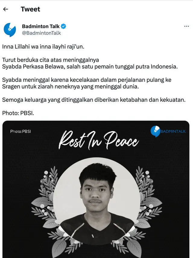 Ucapan dukacita atas meninggalnya Syabda Perkasa Belawa. (Foto: Dok. Twitter @BadmintonTalk)