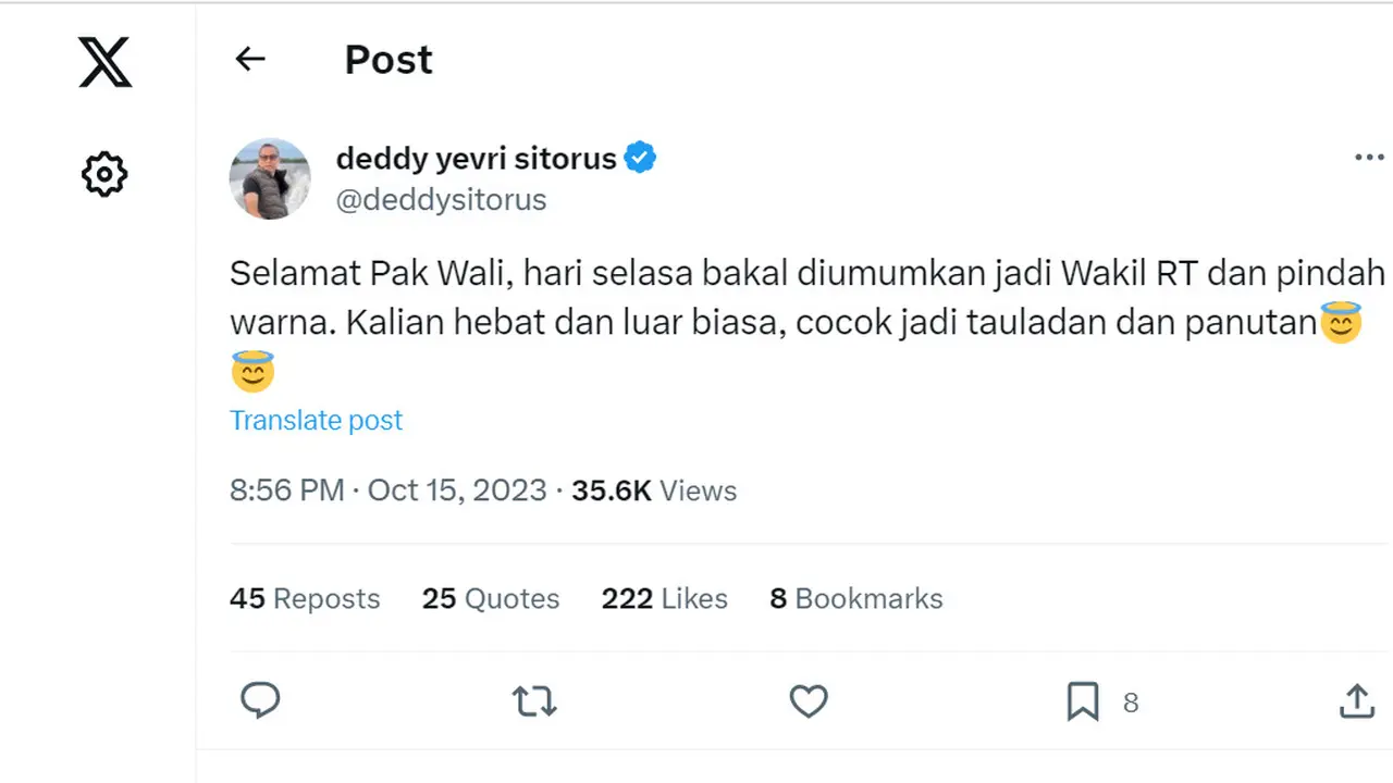 Politikus PDIP Deddy Yevri Sitorus membuat cuitan di media sosial X atau dulu disebut twitter menjelang pembacaan putusan uji materi soal batas usia calon presiden dan wakil presiden oleh Mahkamah Konstitusi (MK), Senin (16/10/2023).