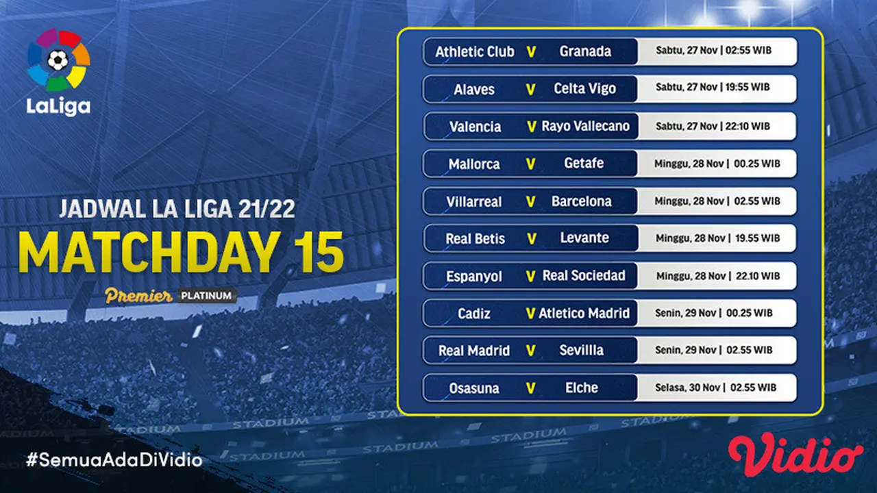Link Live Streaming Liga Spanyol 2021/2022 Matchday 15 di Vidio, 27-30 November 2021