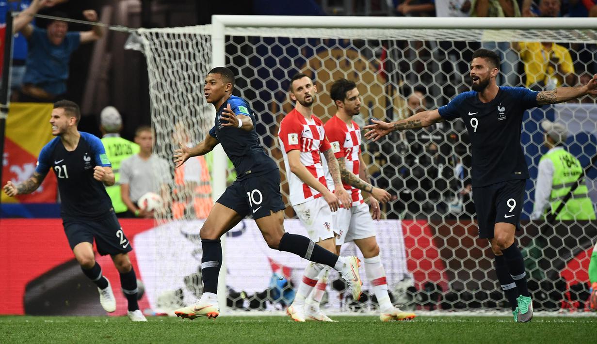 Prancis. Timnas Prancis mampu mencapai partai final Piala Dunia sebanyak 3 kali dalam 15 kali keikutsertaan mereka. Dari tiga kali masuk final, Prancis mampu 2 kali menjadi juara di edisi 1998 dan edisi terakhir 2018. Mereka gagal di partai final edisi 2006, kalah dari Italia. (AFP/Franck Fife)