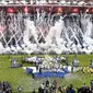 Selebrasi dan perayaan kemenangan Real Madrid atas Juventus pada final Liga Champions 2016-2017 di  Millennium Stadium, Cardiff, Wales, (3/6/2017). (Pool via AP)