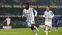 Penyerang Juventus, Moise Kean merayakan gol yang dicetaknya ke gawang Verona dalam lanjutan pekan ke-14 Serie A 2022/2023, Jumat (11/11/2022) dini hari WIB. (Paola Garbuio/LaPresse via AP)