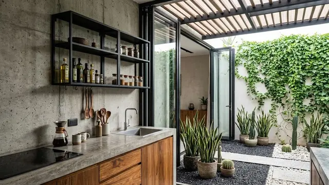 Dapur Industrial Modern Berpadu dengan Dry Garden