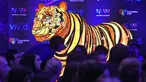 Instalasi harimau Sumatera saat peluncuran Vivid Sydney, Australia (17/3). Vivid Sydney adalah festival terbesar dunia cahaya, musik dan ide-ide mengubah bangunan kota atau ikon menjadi tontonan penuh warna, berlangsung hingga 18 Juni. (AFP/William West)