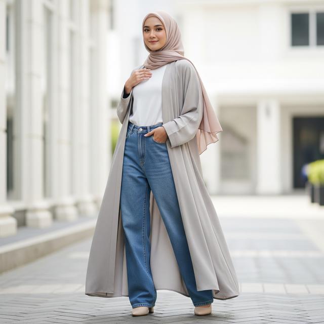 4. Baggy Jeans Dipadukan dengan Abaya