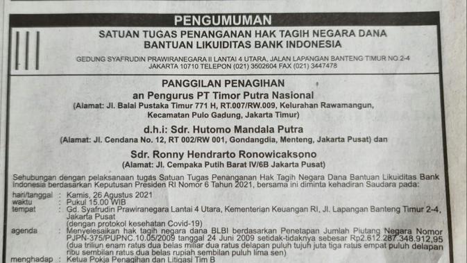 Iklan pemanggilan Hutomo Mendala Putra (Tommy Soeharto) oleh Satuan Tugas Penanganan Hak Tagih Negara Dana Bantun Likuiditas Bank Indonesia (BLBI).