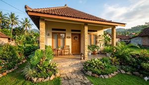 Contoh Rumah Desa dengan Teras Keramik Motif Batu dan Taman Mini (created by AI)