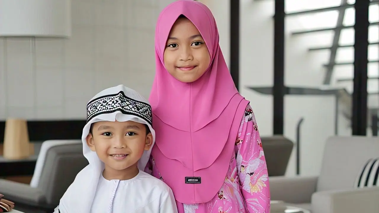Anak laki-laki dan perempuan yang mengenakan baju muslim/Gambar Meta AI