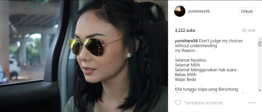 Yuni Shara tak memaksakan penggemarnya untuk memilih paslon Gubernur DKI Jakarta seperti dirinya  (Foto: Instagram)