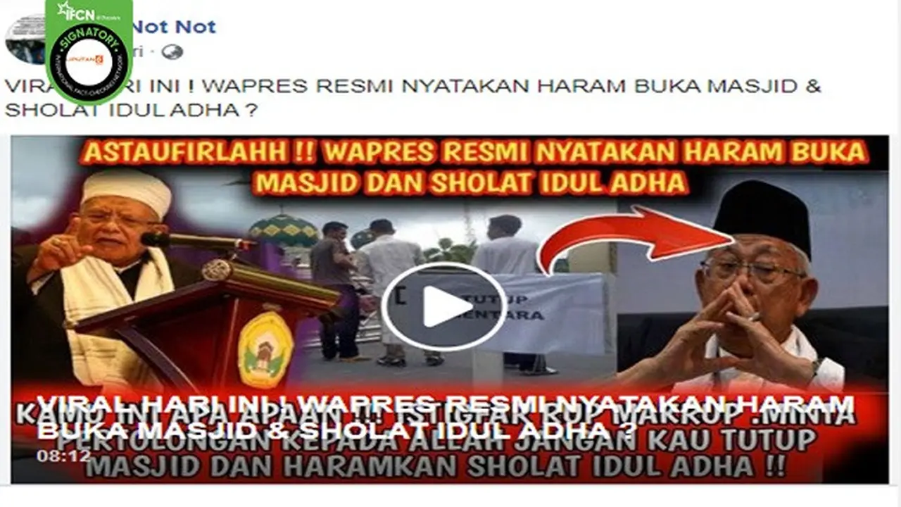 Gambar Tangkapan Layar Kabar Ma'ruf Amin Sebut Haram Buka Masjid dan Salat Idul Adha (sumber: Facebook).