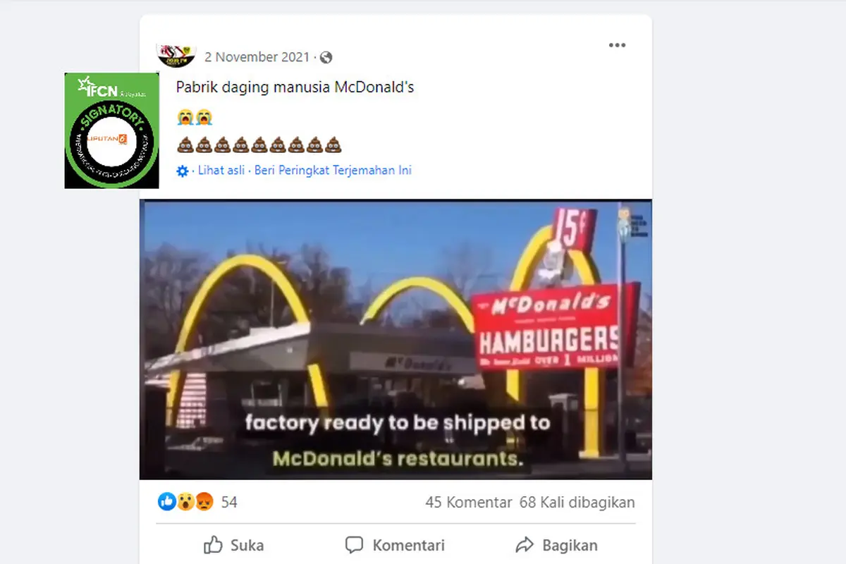 Cek Fakta Liputan6.com menelusuri klaim video pabrik daging manusia McDonald’s