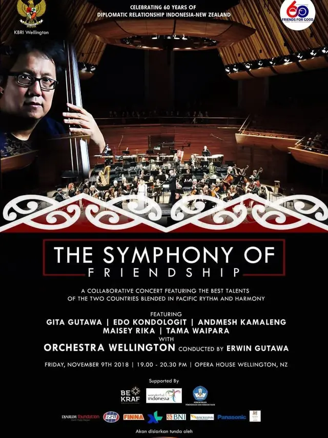 The Symphony of Friendship yang akan digelar di gedung pertunjukan ikonik di Wellington, The Opera House, pada Jumat (9/11/2018).