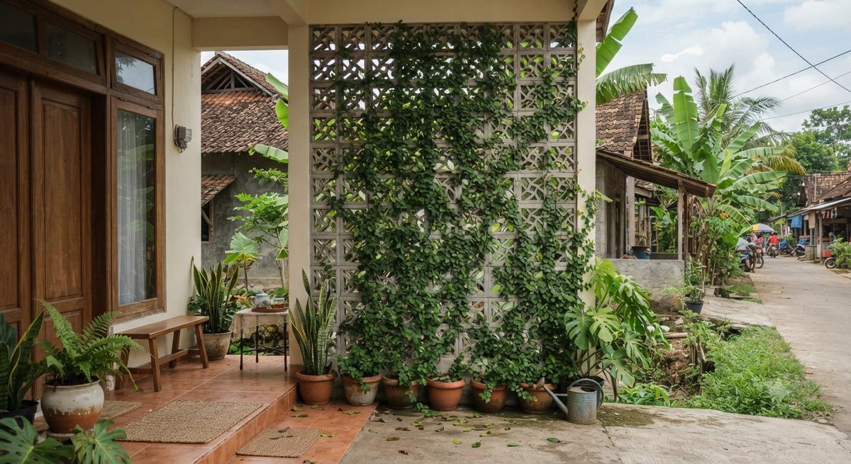 Inspirasi Teras Rumah dengan Roster dan Tanaman Rambat, Bikin Hunian Sejuk dan Estetik Model Kombinasi dengan Dollar Vine
