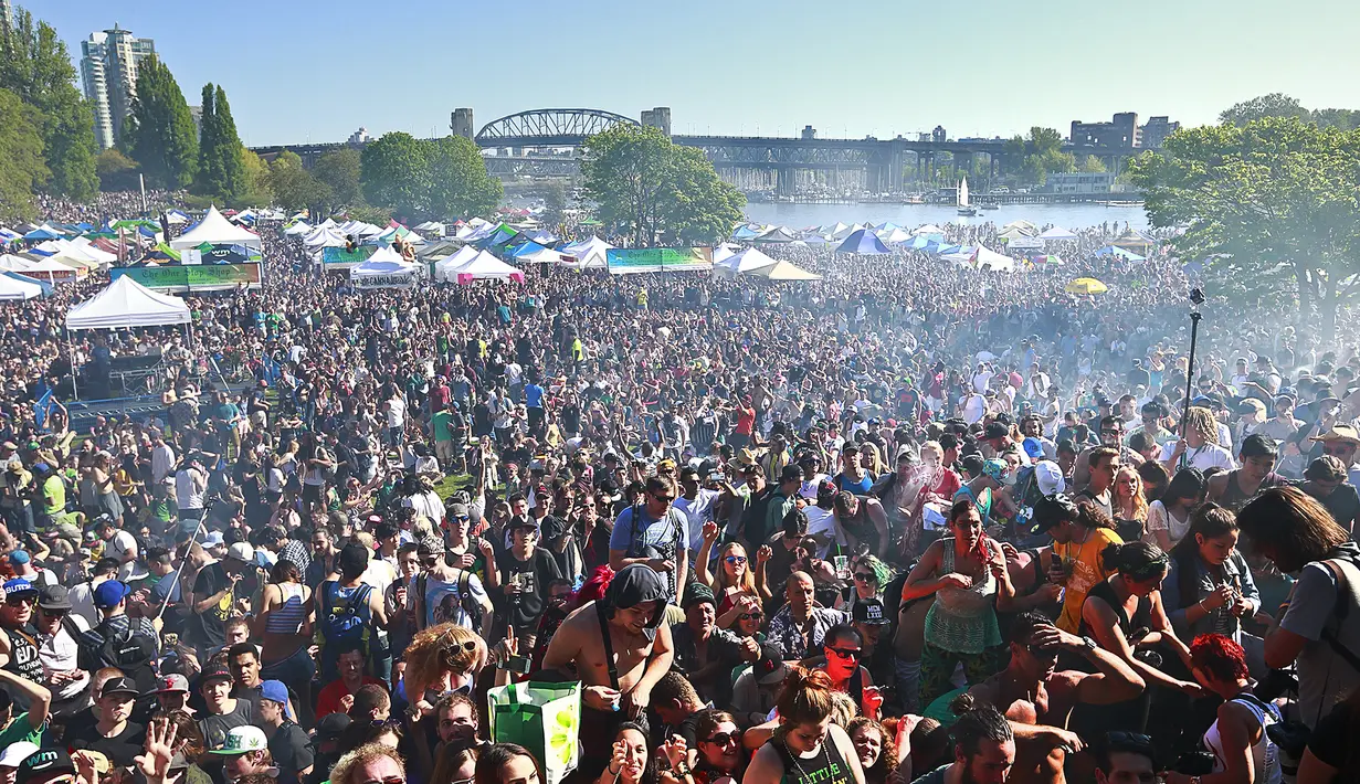 Ribuan orang berpesta saat merayakan acara legalisasi ganja 4/20 di Sunset Beach, Vancouver, Kanada (20/4). Legalisasi ini telah menjadi janji kampanye utama perdana menteri yang baru terpilih, Justin Trudeau. (AFP/Jeff Vinnick)