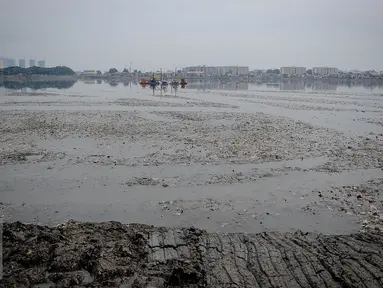 Suasana waduk yang kotor oleh sampah serta hitam dan tercium bau menyengat di Waduk Pluit, Jakarta, Senin (3/10). Sampah tersebut berasal dari bekas permukiman warga yang pernah mendiami wilayah tersebut. (Liputan6.com/Faizal Fanani)