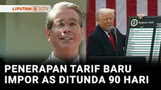 Perkembangan terbaru dari strategi perang dagang Amerika Serikat. Presiden Donald Trump akhirnya mengumumkan bahwa penerapan tarif impor timbal balik yang lebih tinggi ditunda selama 90 hari, setelah puluhan negara bernegosiasi.