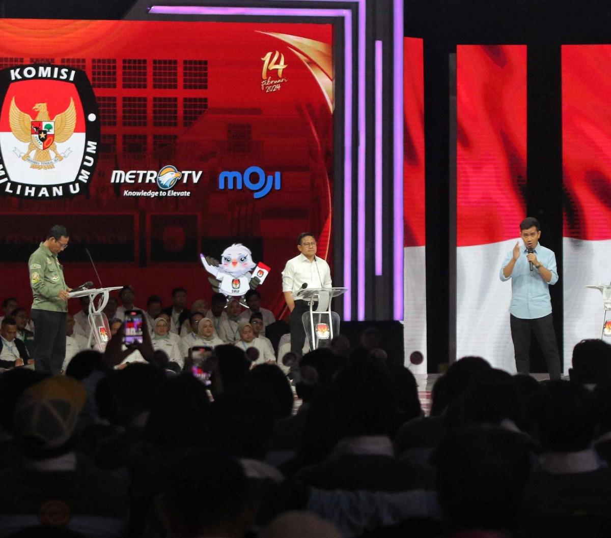 Debat keempat Pilpres 2024 berlangsung sengit dan memanas yang berawal dari pemberian pertanyaan-pertanyaan dalam bentuk istilah dari Gibran kepada cawapres nomor urut 03 Mahfud MD dan juga cawapres nomor urut 01 Muhaimin Iskandar.<br>( Foto merdeka.com /