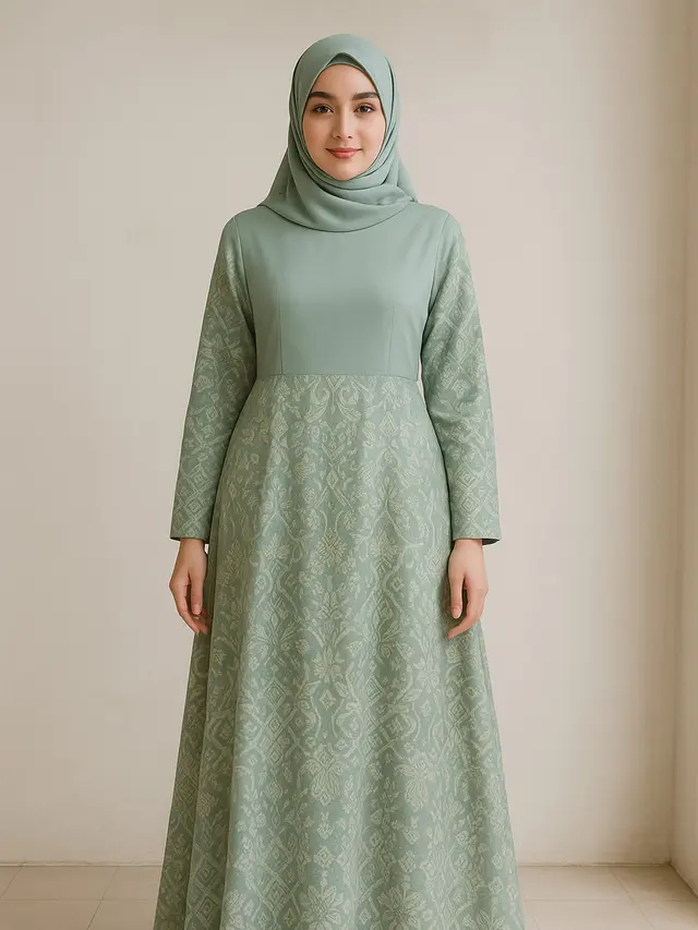 Dress Batik Panjang Muslim Kombinasi Polos