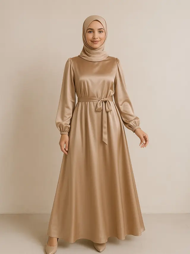 Model Long Dress Muslim Satin Silk yang Lagi Tren