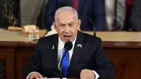 PM Israel Benjamin Netanyahu saat memberikan pidato di hadapan Kongres Amerika Serikat (AS) pada Rabu (24/7/2024). (Dok. AP Photo/Julia Nikhinson)