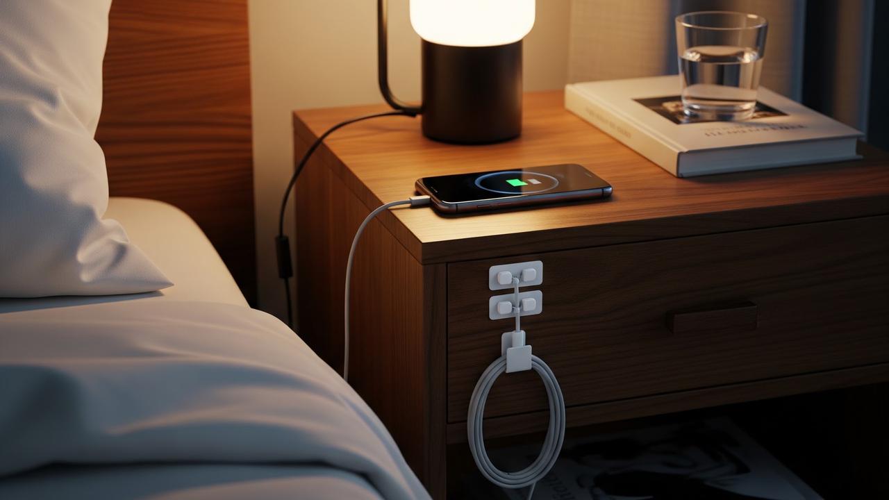 Menata Kabel Charger agar Meja Samping Tempat Tidur Rapi (AI Generated)