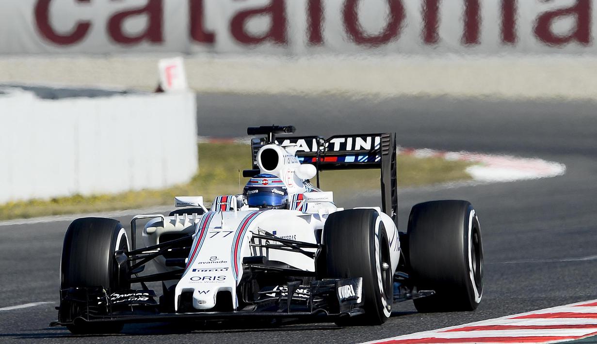 Pebalap Williams Martini Racing,  Valtteri Bottas  mencatat waktu tercepat yaitu 1m23,261s pada sesi kedua tes pramusim di Sirkuit Catalunya, Barcelona, Rabu (2/3/2016). Malam WIB. (AFP/Josep Lago)