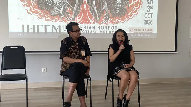 Sulistyawan Wibisono dan Intan Kieflie dalam konferensi pers dan peluncuran Indonesian Horror Film Festival Melbourne 2026 (IHFFM 2026) di Jakarta, Kamis (17/9/2026). (Liputan6.com/Nola Vemiliana)