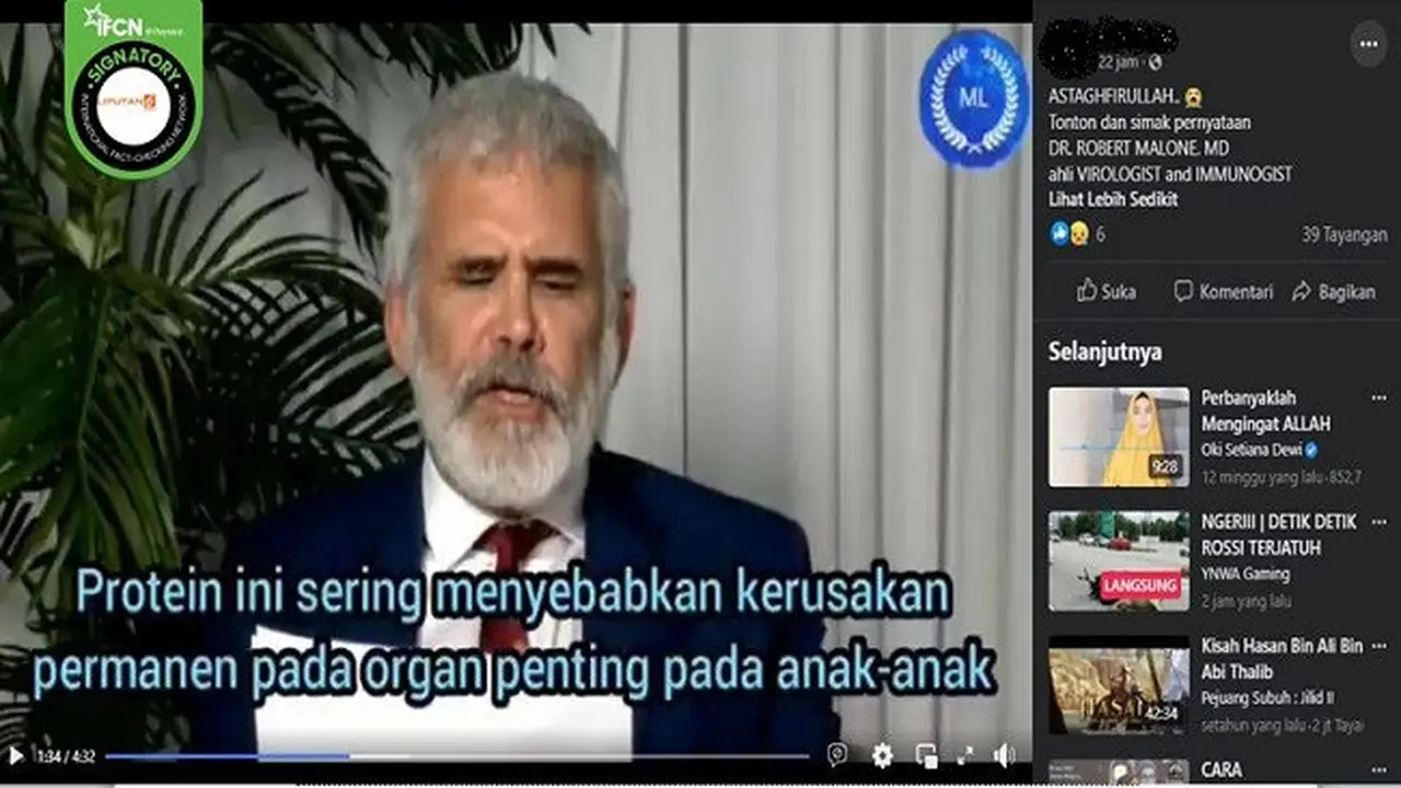 Gambar Tangkapan Layar Klaim tentang Lonjakan Protein Divaksin COVID-19 Sebabkan Kerusakan Pada Organ Tubuh Anak (sumber: Facebook).