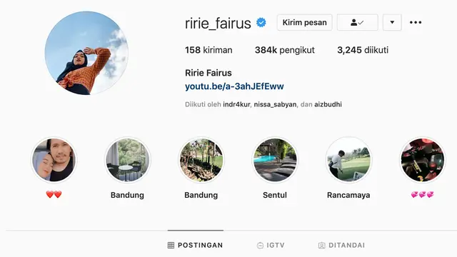 Laman akun Instagram Ririe Fairus mendapat contreng biru, 22 Februari 2021. (Foto: Instagram @ririe_fairus)