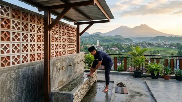 Desain Tempat Wudhu Rumah dengan Dinding Roster/AI Generated