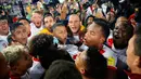 Pemain Peru merayakan kemenangan usai melawan Selandia Baru pada leg kedua play-off interkontinental Piala Dunia 2018 di Estadio Nacional, Lima, (15/11). Jefferson Farfan dan Christian Ramos mencetak gol di pertandingan ini. (AP Photo/Rodrigo Abd)