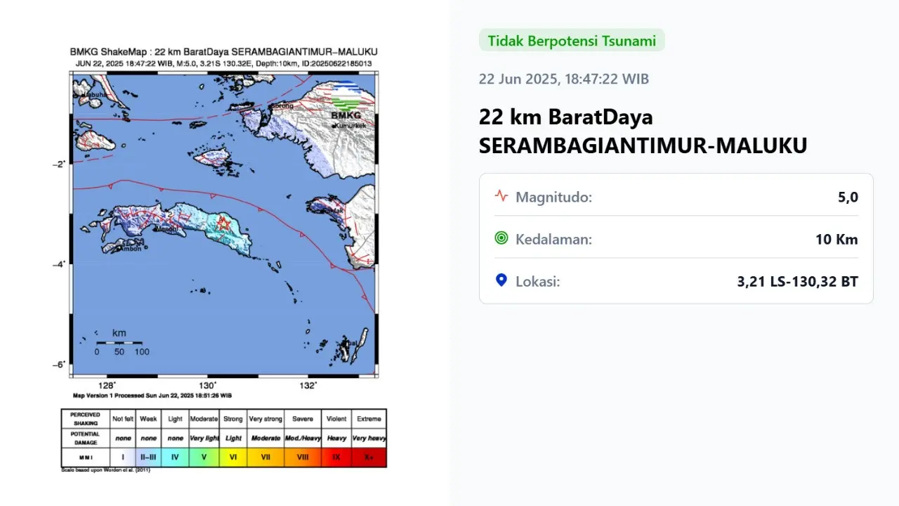 Saat akhir pekan, Minggu (22/6/2025) gempa hari ini menggetarkan pukul 18:47:22 WIB di Bula, Kabupaten Seram Bagian Timur, Provinsi Maluku.
