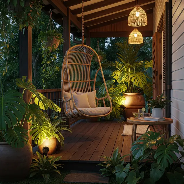 Model Teras Depan Rumah Tropis dengan Kursi Bambu Gantung Tren 2025