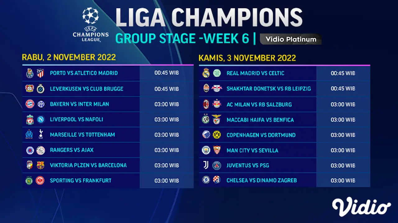 Jadwal Lengkap Liga Champions Matchday 6 Live Vidio 2-3 November : Ada Big Match Bayern Vs Inter Milan