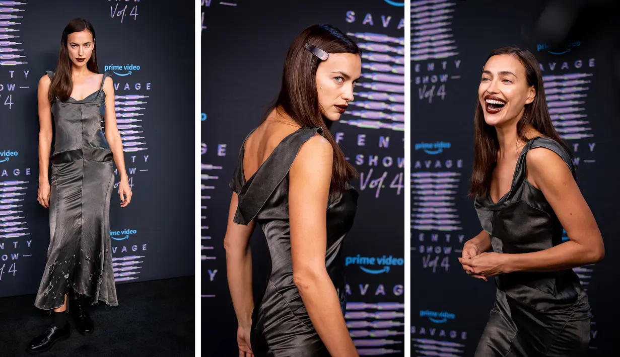 Foto kolase Irina Shayk saat menghadiri Rihanna's Savage X Fenty Show Vol. 4 disajikan oleh Prime Video di Simi Valley, California; dan disiarkan pada 9 November 2022. (Matt Winkelmeyer/Getty Images/AFP)