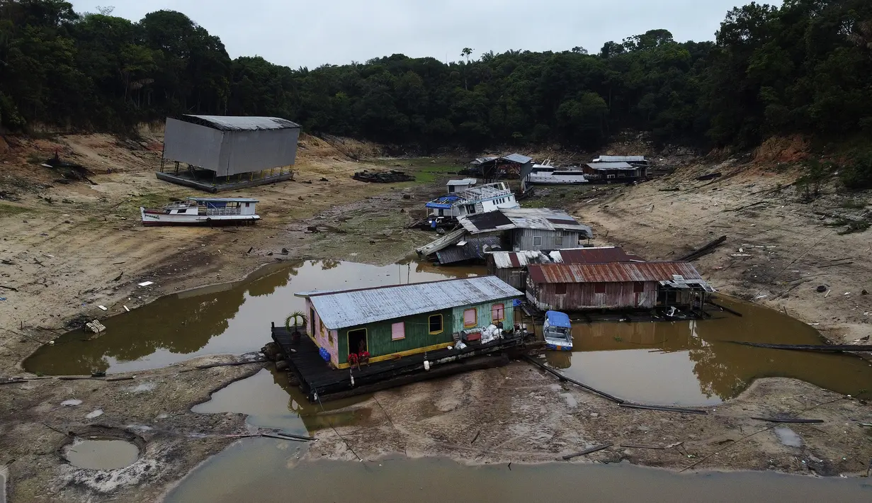 Sungai Madeira, anak sungai utama Amazon lainnya, juga mencatat rekor terendah dalam sejarah, yang menyebabkan terhentinya pembangunan bendungan pembangkit listrik tenaga air Santo Antonio, bendungan terbesar keempat di Brasil. (AP Photo/Edmar Barros)