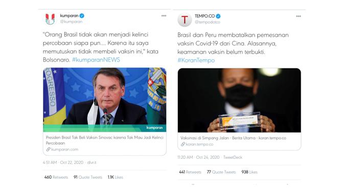 Twit dari akun Twitter Kumparan dan Tempo tentang Brasil yang membatalkan pesanan vaksin dari Covid-19.