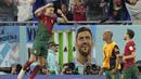 Cristiano Ronaldo. Striker Timnas Portugal berusia 37 tahun ini sukses membuat satu gol lewat eksekusi penalti di Piala Dunia 2022 pada matchday pertama Grup H menghadapi Timnas Ghana (24/11/2022) yang berkesudahan 3-2 untuk kemenangan Portugal. Penalti terjadi pada menit ke-65 saat kedudukan masih imbang 0-0. (AP/Darko Bandic)