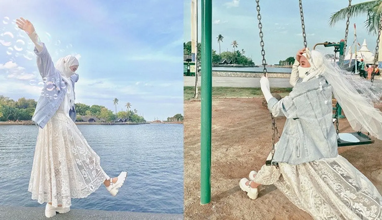 Inara Rusli istri Virgoun dikenal sebagai sosok wanita muslimah. Meski tidak selalu memakai busana yang syari, tapi Inara selalu menutupi wajahnya dengan masker ataupun cadar dalam berbagai penampilan. Seperti pada saat dirinya berpose dalam balutan dress lace berwarna putih. Gayanya semakin modis dengan jaket denim sebagai outer. (Liputan6.com/IG/@mommy_starla)