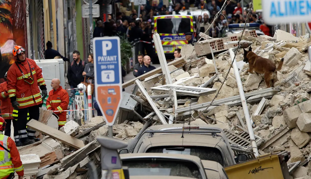 Petugas menggunakan anjing pelacak untuk menemukan korban  terperangkap di puing bangunan yang runtuh di Marseille, Prancis, Senin (5/11). Tidak ada korban jiwa dalam runtuhnya bangunan lima lantai yang merupakan tempat tinggal tersebut. (AP/Claude Paris)