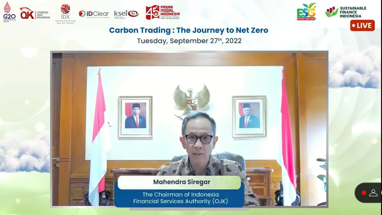 Ketua Dewan Komisioner OJK Mahendra Siregar dalam International Seminar on Carbon Trade 2022, Selasa (27/9/2022).