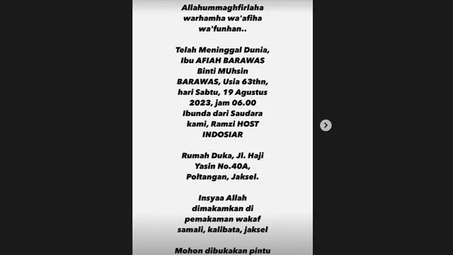 Innalillahi waa Innailaihi Raji'un, Ibunda Ramzi Meninggal Dunia