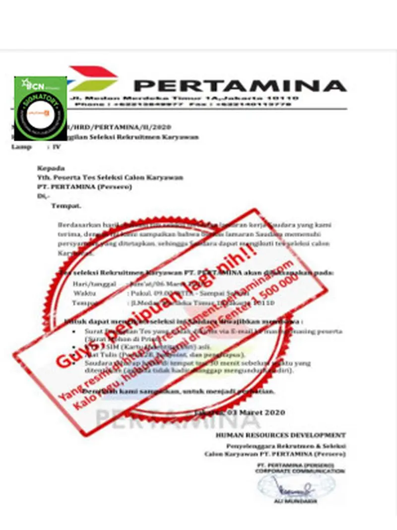 tangkap layar surat penipuan seleksi pegawai Pertamina