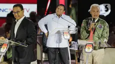 Foto kombinasi Capres nomor urut 01 Anies Baswedan Capres nomor urut 02 Prabowo Subianto, Capres nomor urut 03 Ganjar Pranowo saat beradu gagasan dalam debat ketiga Capres Pemilu 2024 di Istora Gelora Bung Karno, Jakarta, Minggu (7/1/2023). (Liputan6.com/Faizal Fanani)