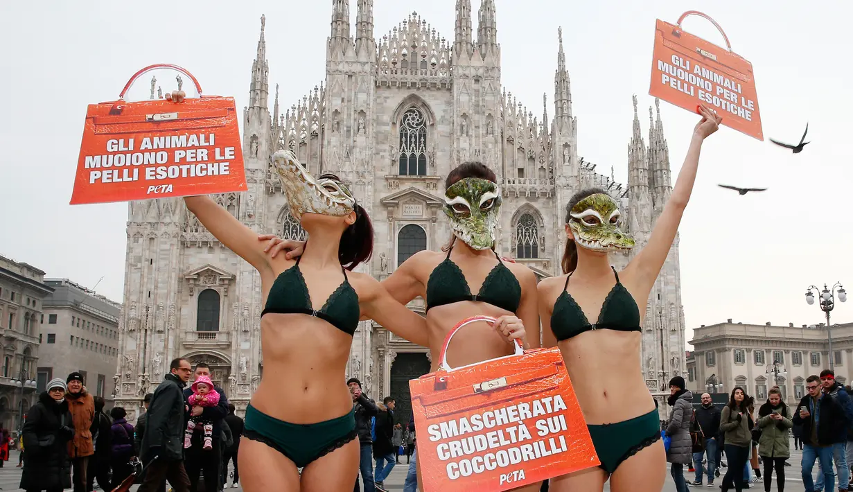 Aktivis PETA (People for the Ethical Treatment of Animals) mengenakan bikini saat berunjuk rasa menjelang Milan Fashion Week di Milan Duomo Square, Italia, Selasa (21/2). (AP Photo/Antonio Calanni)