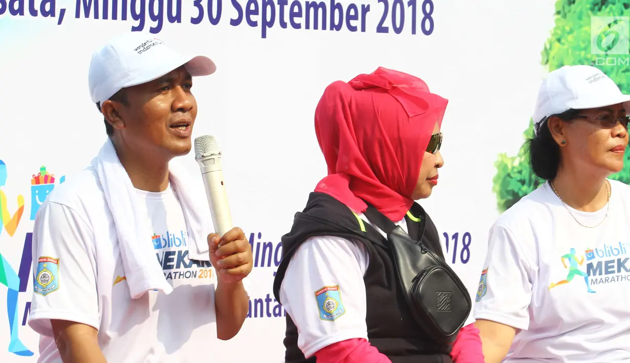 Bupati Lombok Barat, Fauzan Khalid dalam acara launching Blibli Mekaki Marathon 2018 di Kantor Kemenpar, Minggu (30/9). Event yang bertema "Run and Enjoy Breathtaking Views of Mekaki" itu akan berlangsung 28 Oktober nanti. (Liputan6.com/Angga Yuniar)