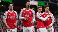 Para pemain Arsenal, Declan Rice, William Saliba, Martin Odegaard, dan Martin Zubimendi merayakan gol dalam pertandingan Liga Inggris melawan Brighton & Hove Albion di Emirates Stadium, Sabtu (27/12/2025). (AP Photo/Kirsty Wigglesworth)