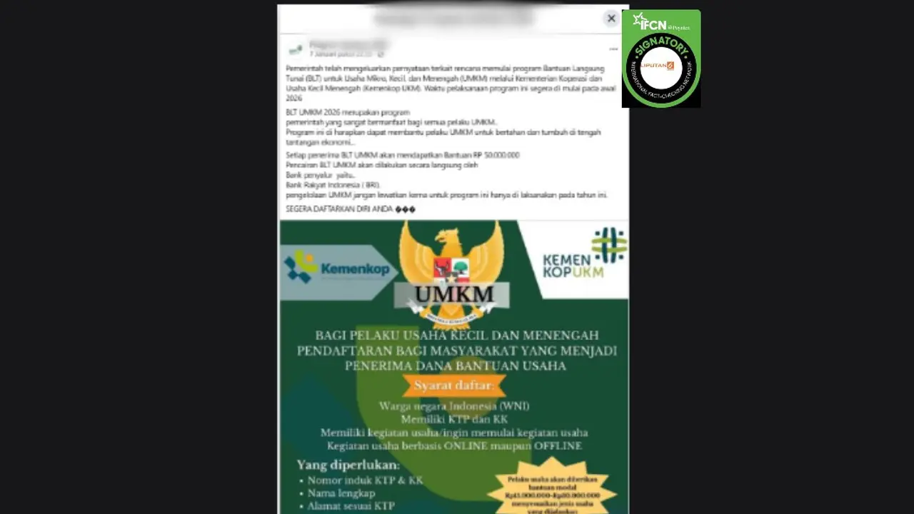 Tangkapan layar klaim link pendaftaran untuk mendapatkan BLT UMKM 2026 yang beredar di Facebook.